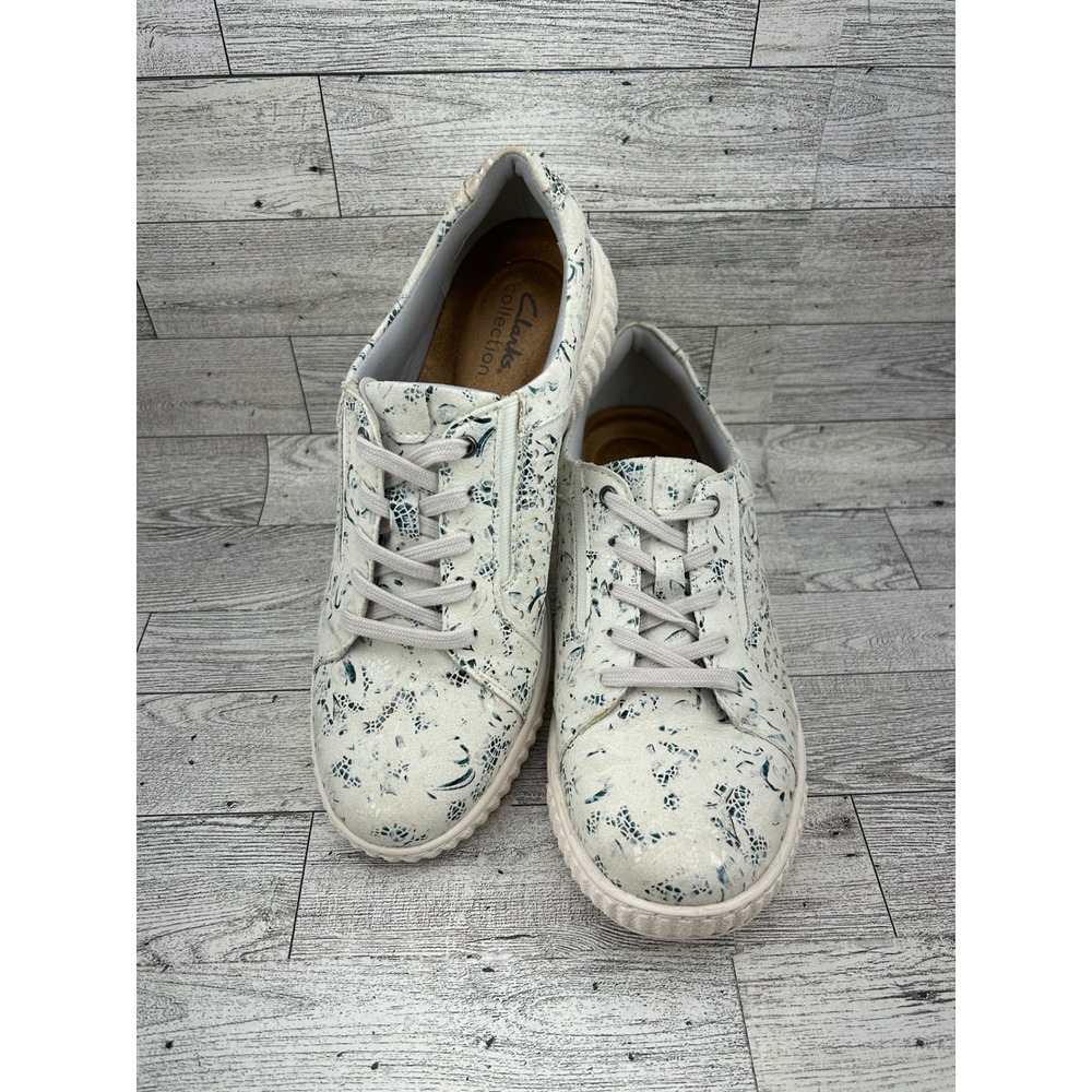 Clarks Collection Womens White Floral‎ Print Lace Up Sneakers Shoes Size 7.5